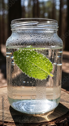 Fresh mint leaf in water jar.
