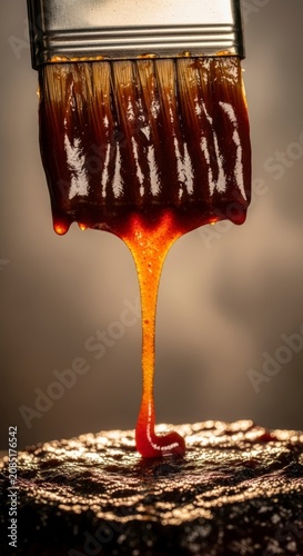 Paint dripping from brush on surface.