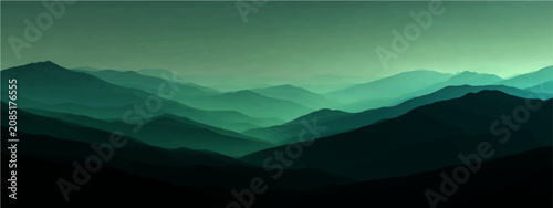 Fotografía Ethereal mountain range shrouded misty atmospheric haze, bathed soft verdant twilight hue