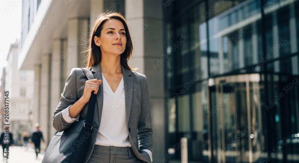 Fototapeta premium Confident woman walking outside office building with briefcase. Professional woman dressed in tailored suit walks past glass facade, showcasing modern corporate environment.