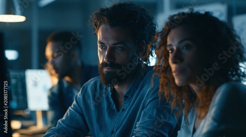 Young startup founders developing future technology, artificial intelligence devices, futuristic workspace, creative entrepreneurs, modern technology concept