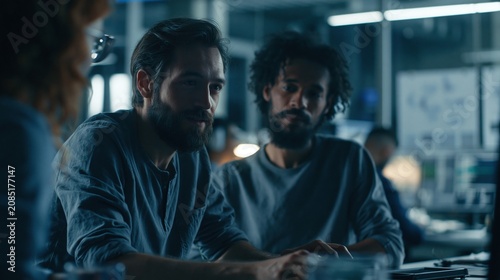 Young startup founders developing future technology, artificial intelligence devices, futuristic workspace, creative entrepreneurs, modern technology concept