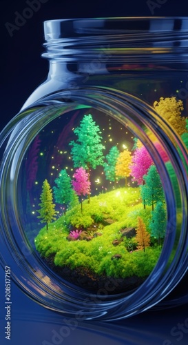 Miniature forest in glass jar.