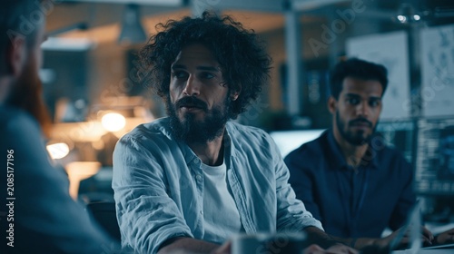 Young startup founders developing future technology, artificial intelligence devices, futuristic workspace, creative entrepreneurs, modern technology concept