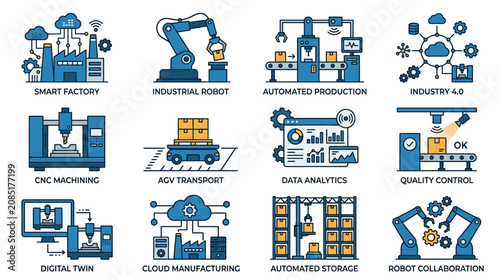 Industrial robots work in a smart factory with automated production and data analytics