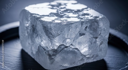 Large clear crystal on black surface.