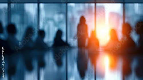 Silhouetted figures in a bright, sunlit conference room, facing a presenter