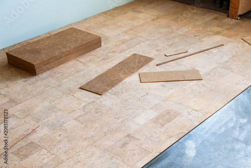 glued cork flooring on concrete base in room