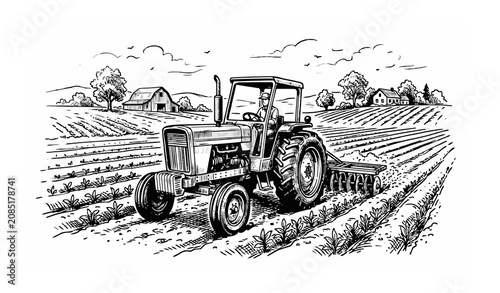 Vintage Farm Tractor Sketch Vector Illustration
