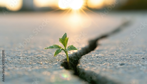 A small green sprout pushing through a concrete crack at sunrise