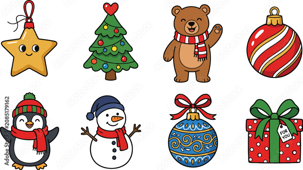 Naklejka premium Christmas ornaments and characters colorful vector illustration on white background