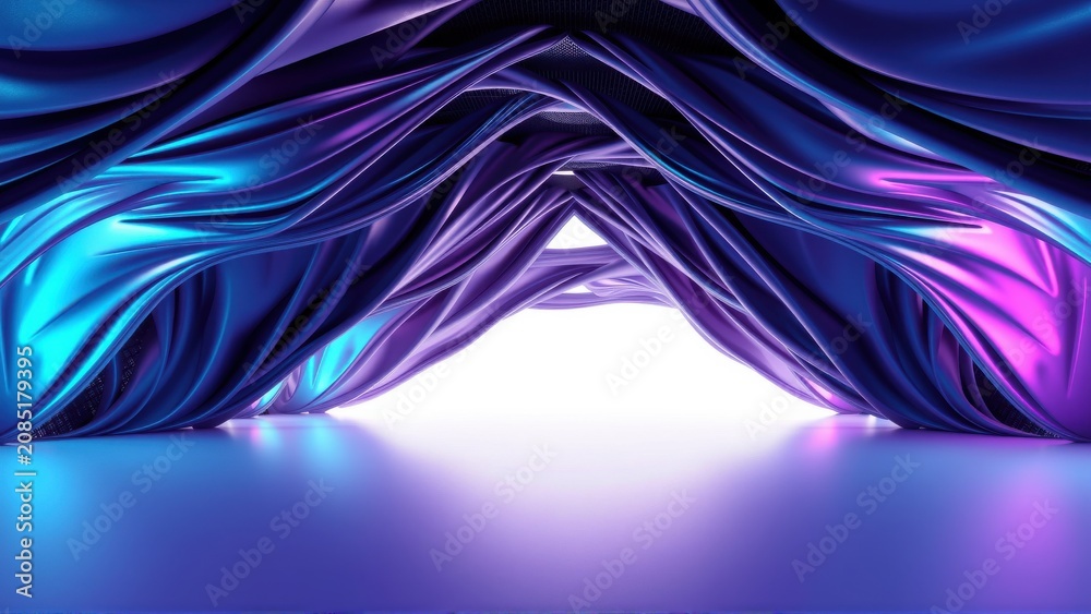 Fototapeta premium Abstract fluid shapes, vibrant purple, blue hues. Dramatic lighting creates cavernous space, futuristic design. Smooth textures, digital rendering.