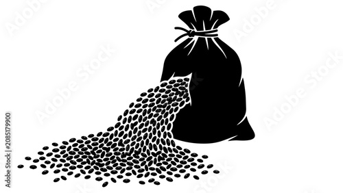 Black silhouette of a sack with spilling coffee beans, burlap bag icon for agriculture and food packaging, roasted bean pile vector illustration