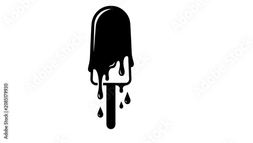 Minimalist melting popsicle vector icon, black and white ice cream bar with dripping chocolate glaze, stylized frozen summer dessert graphic