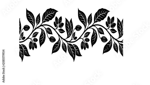 Vintage coffee branch border vector, black and white botanical leaf pattern, hand drawn coffee plant illustration for packaging design