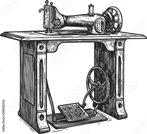 vintage sewing machine engraving antique mechanical stitcher with pedal and wheel design