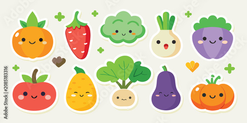 Happy kawaii vegetables and fruits, cute healthy food stickers set