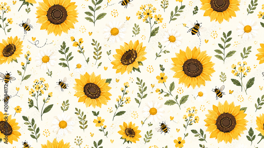 Sunflower seamless summer pattern with bees and wild flowers