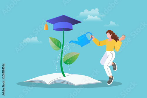 Woman watering a graduation cap plant from an open book for education growth. Female character nurturing a degree mortarboard sprout for knowledge and scholarship.