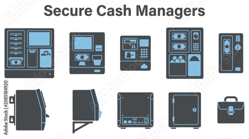 Icons of various secure cash management systems ATMs safes and transport briefcases in grey and blue tones