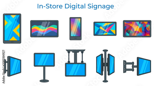 Bild auf Leinwand Illustrated icons of various digital signage screens including wallmounted frees