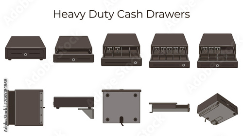 Fotografía Illustrations of heavyduty cash drawers showing various angles internal compartm