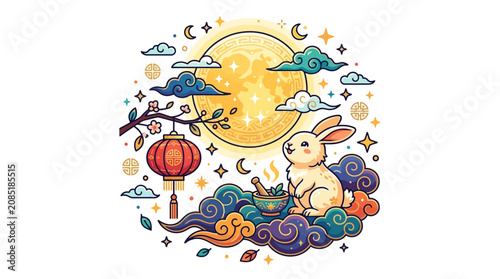 A whimsical rabbit sits amidst a vibrant lunar scene with clouds and a lantern.