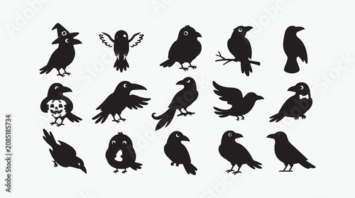 Schilderij op canvas Flock of Black Bird Silhouettes Flying and Perching Minimalist Vector Illustrati