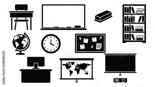 Set of 10 classroom and education black solid icons including desk, whiteboard, eraser, bookshelf, globe, clock, bulletin board, computer, world map projector, and screen with projector.