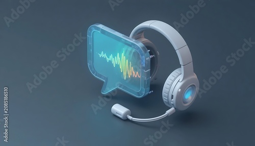 3D render of a pair of headphones with a microphone next to a glowing glass speech bubble showing an audio waveform representing customer service podcasting voice communication and sound analysis