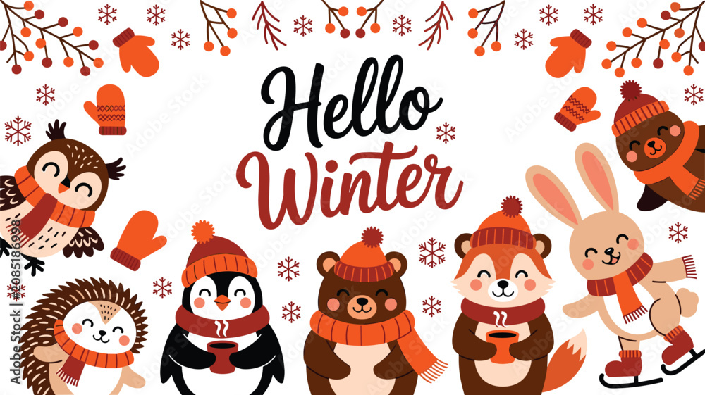Fototapeta premium Hello winter typography vector greeting card with cute cartoon forest animals holding hot drinks and skating on white background