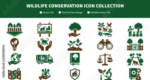 Canvas Print Wildlife Conservation Icon Collection with Forest Protection Nature Reserve and