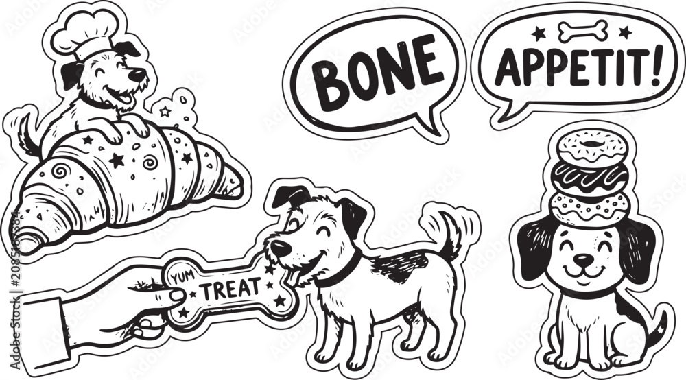 Fototapeta premium Bone Appetit Dog and Bakery Treats Hand Drawn Vector Illustration. Cute Puppy Chef with Croissant, Pet Eating Bone, Balancing Donuts, and Doodle Typography Graphics Layout on White Background.
