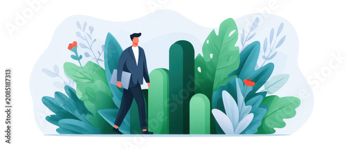 Business professional man standing with emerging bar chart surrounded by lush green plants
