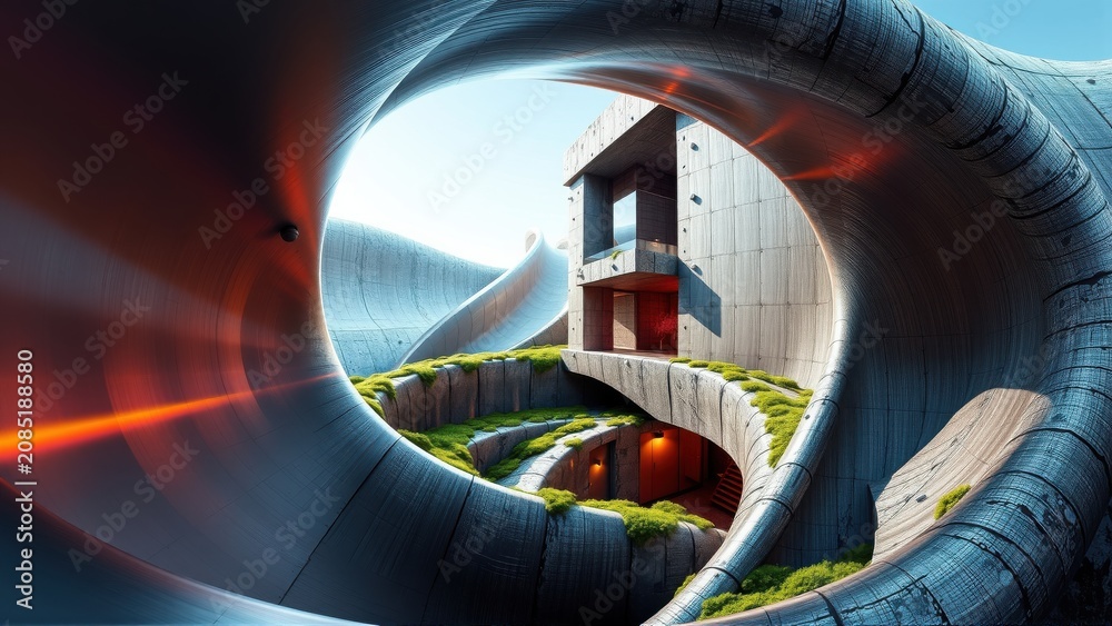 Fototapeta premium Modern building framed by curved concrete tunnels. Lush greenery surrounds structure, creating striking visual contrast. Dramatic lighting enhances depth.
