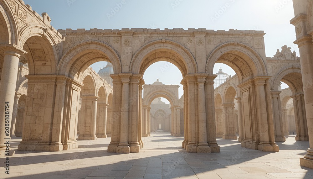 Obraz premium Ancient stone arched colonnade with domed structures in background