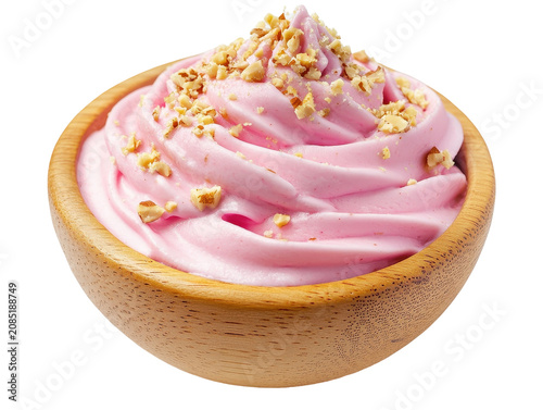 Delicious pink soft serve ice cream in a wooden bowl with crushed nuts topping