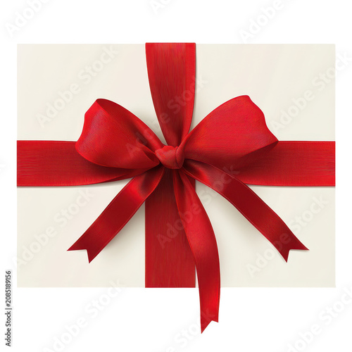 Elegant Gift Box with Bright Red Satin Ribbon and Bow on White Background