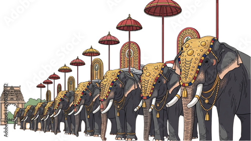 Foto Elephants are walking in a ceremonial procession with golden decorations on their heads