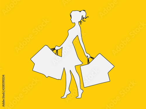 Minimalist shopping woman silhouette on yellow background, stylish female shopper with paper bags vector, retail therapy and fashion consumerism concept