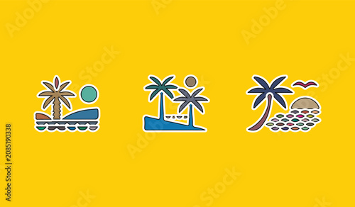Retro tropical beach icons set, vintage palm tree island illustrations, minimalist summer vacation travel logos on yellow background