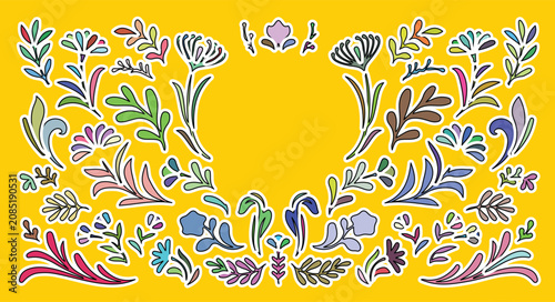 Folk art floral border with colorful botanical elements, hand drawn flower and leaf stickers on yellow background, whimsical garden vector illustration