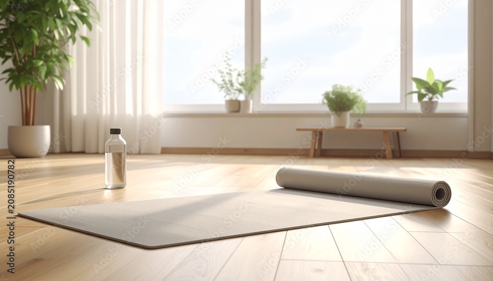 Fototapeta premium Cozy living room with a single pale beige exercise mat on wooden floor under soft diffused window light, copy space.