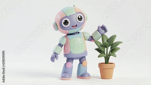 A toy robot holding a potted plant in its hand