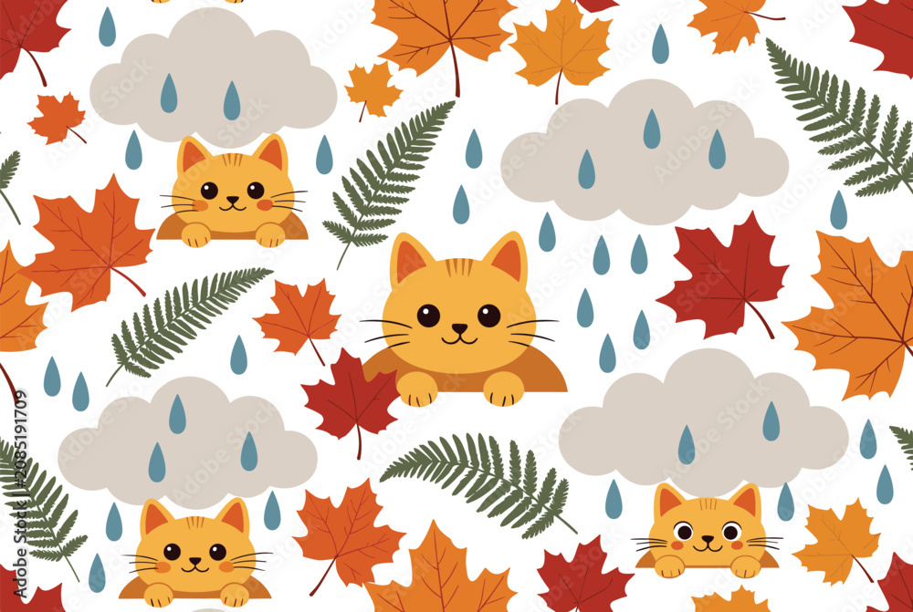 Obraz premium Seamless autumn pattern featuring cute orange kittens, rainy clouds, falling maple leaves, and green ferns on a clean white background.