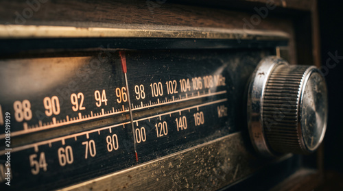 Close-up of a vintage analog radio dial with tuning knob and frequency numbers.