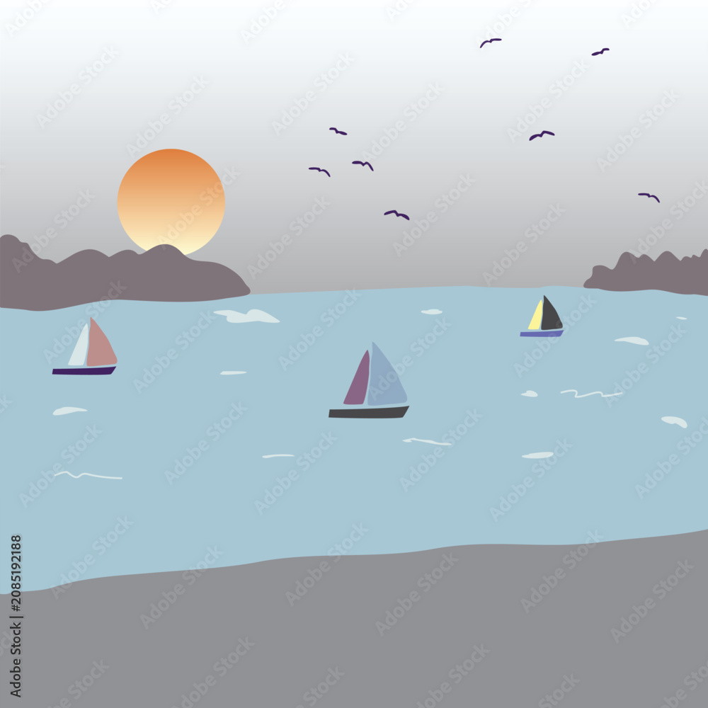 Naklejka premium Sunset Sailboats Flat Illustration Seascape
