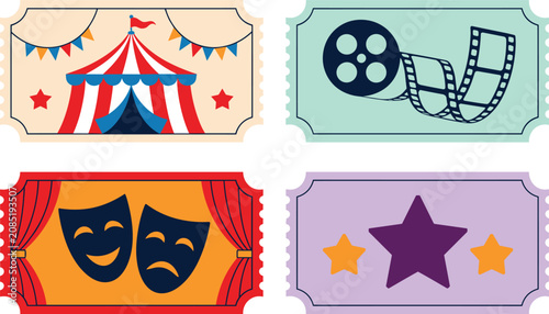 Принти на полотні A vibrant set of four vintage admission tickets featuring circus, cinema, theater, and stars under bright flat lighting