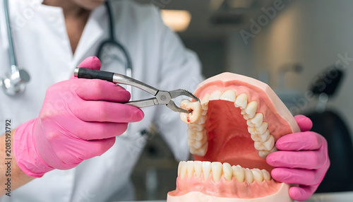 Dentist Demonstrating Tooth Extraction with Dental Model