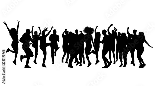 Group of people celebrating and dancing together with arms raised isolated on transparent background, Vector